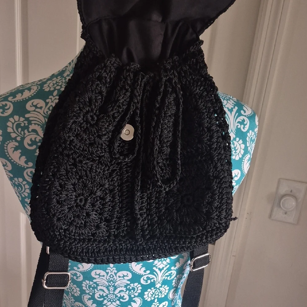 Black Crochet Backpack - Women's Casual Shoulder Bag